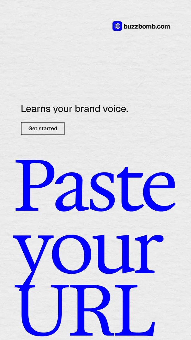 Instagram story for BuzzBomb: "Get a marketing team." Editorial style, oversized layout, light palette in white, blue.