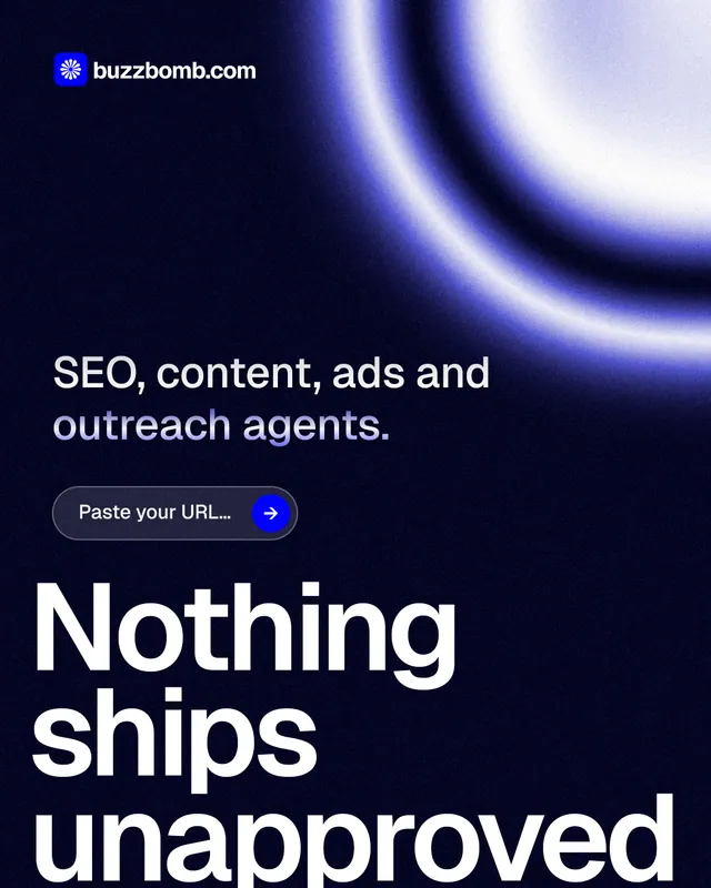 Instagram portrait post for BuzzBomb: "Nothing ships unapproved." Agentic glass style, oversized layout, dark palette in black, blue.
