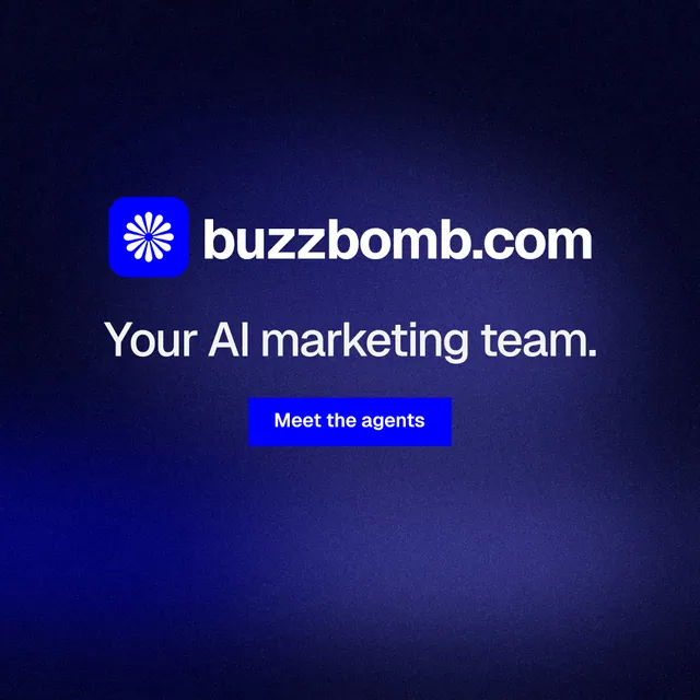 Instagram post for BuzzBomb: "Your AI marketing team." Swiss style, logo hero layout, dark palette in black, blue.