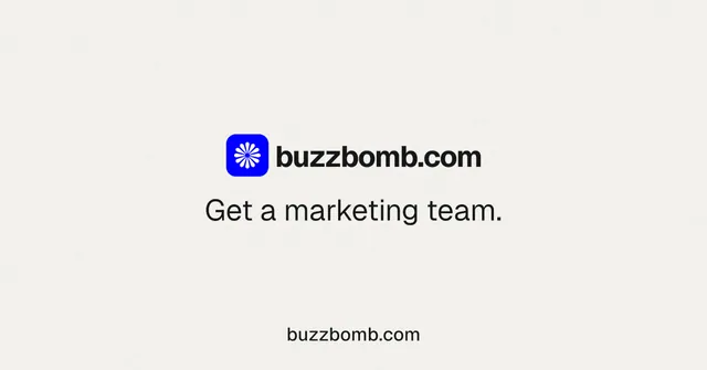Social ad for BuzzBomb: "Get a marketing team." Swiss style, end card layout, light palette in white.