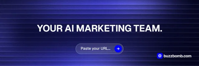 X header for BuzzBomb: "Your AI marketing team." Agentic glass style, centred layout, dark palette in blue, black.
