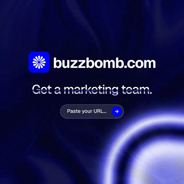 Instagram post for BuzzBomb: "Get a marketing team." Agentic glass style, logo hero layout, dark palette in black, blue.