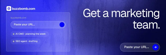 X header for BuzzBomb: "Get a marketing team." Agentic glass style, right layout, dark palette in blue.