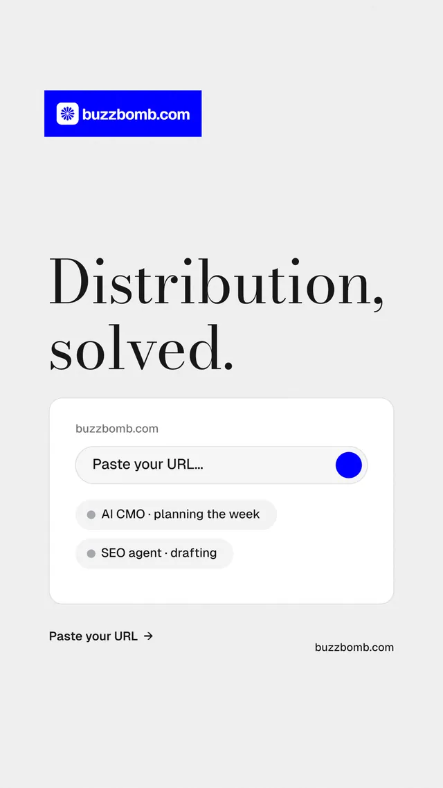Instagram story for BuzzBomb: "Distribution, solved." Minimal luxury style, poster layout, light palette in white, blue.