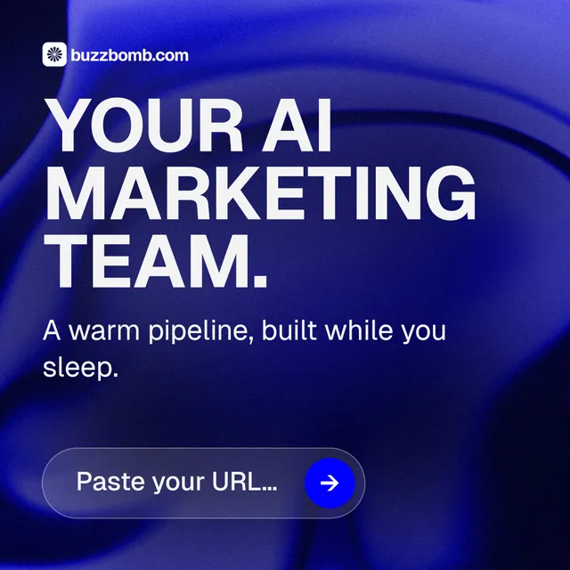 Instagram post for BuzzBomb: "Your AI marketing team." Agentic glass style, skeleton layout, dark palette in blue.