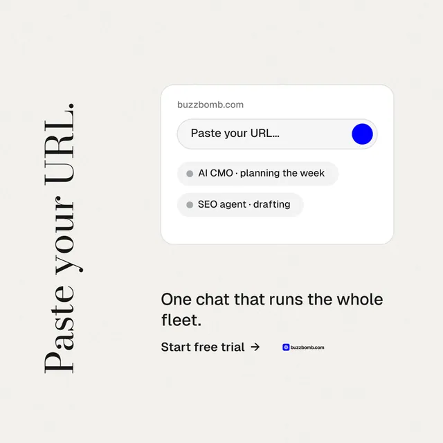 Instagram post for BuzzBomb: "Paste your URL." Minimal luxury style, vertical layout, light palette in white.