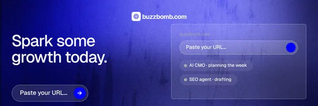 X header for BuzzBomb: "Spark some growth today." Agentic glass style, bottom layout, dark palette in blue.