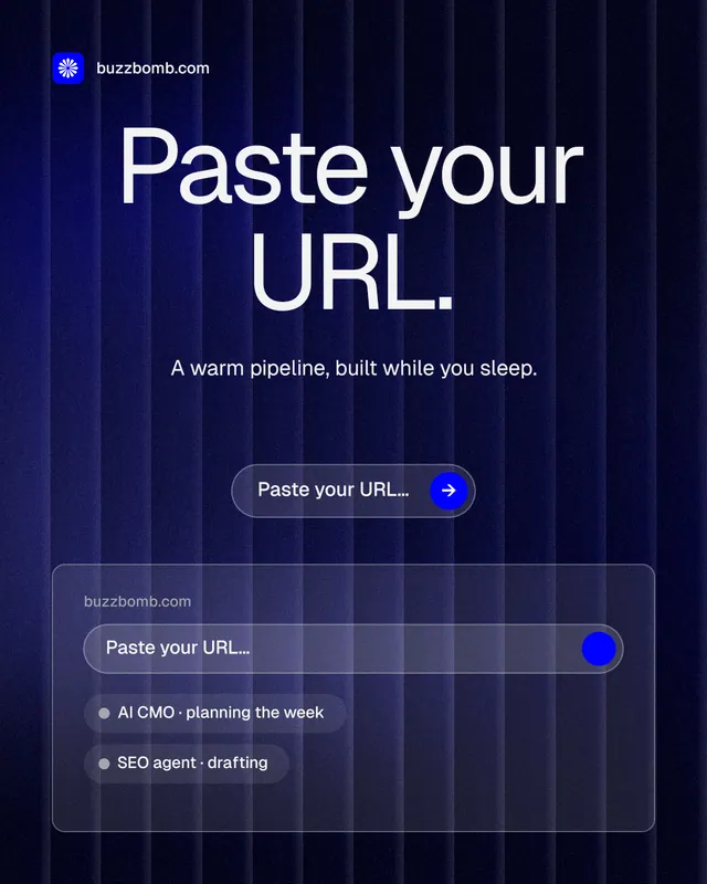 Instagram portrait post for BuzzBomb: "Paste your URL." Agentic glass style, centred layout, dark palette in black, blue, grey.