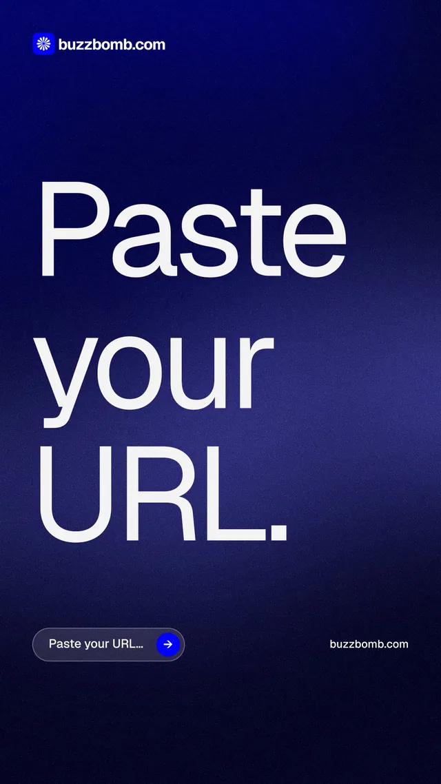 Instagram story for BuzzBomb: "Paste your URL." Agentic glass style, poster layout, dark palette in blue, black, grey.