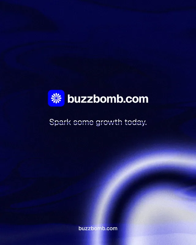 Instagram portrait post for BuzzBomb: "Spark some growth today." Agentic glass style, end card layout, dark palette in black, blue.