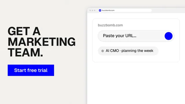 Landscape graphic for BuzzBomb: "Get a marketing team." Swiss style, browser layout, light palette in white, blue.