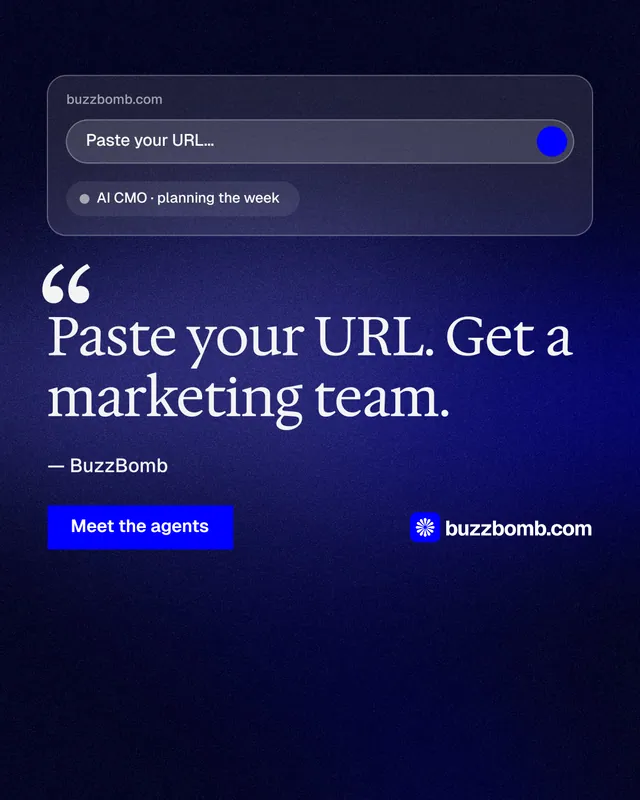 Instagram portrait post for BuzzBomb: "Get a marketing team." Swiss style, quote layout, dark palette in black, blue.