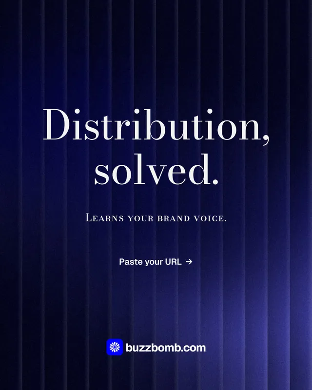 Instagram portrait post for BuzzBomb: "Distribution, solved." Minimal luxury style, smallcaps layout, dark palette in black, blue.