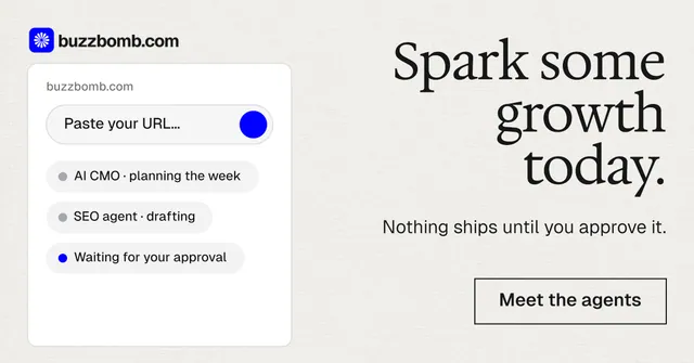 Social ad for BuzzBomb: "Spark some growth today." Editorial style, right layout, light palette in white, grey.