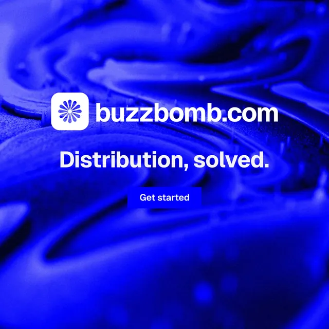 Instagram post for BuzzBomb: "Distribution, solved." Swiss style, logo hero layout, dark palette in blue.