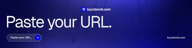 LinkedIn banner for BuzzBomb: "Paste your URL." Agentic glass style, poster layout, dark palette in blue.