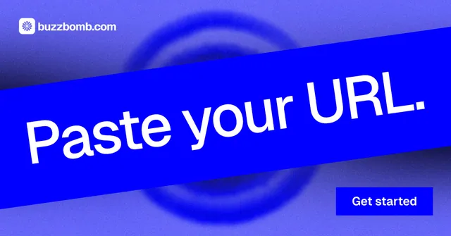 Social ad for BuzzBomb: "Paste your URL." Swiss style, diagonal layout, dark palette in blue.