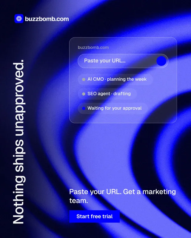 Instagram portrait post for BuzzBomb: "Nothing ships unapproved." Swiss style, vertical layout, dark palette in blue, black.