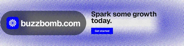 LinkedIn banner for BuzzBomb: "Spark some growth today." Swiss style, logo hero layout, light palette in blue.