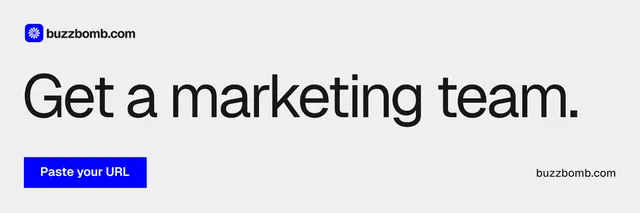 X header for BuzzBomb: "Get a marketing team." Swiss style, poster layout, light palette in white, blue.