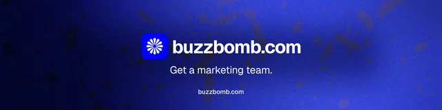 LinkedIn banner for BuzzBomb: "Get a marketing team." Agentic glass style, end card layout, dark palette in black, blue.