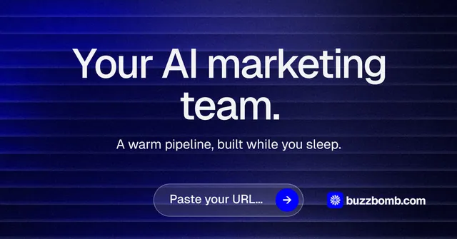 Social ad for BuzzBomb: "Your AI marketing team." Agentic glass style, centred layout, dark palette in black, blue, grey.