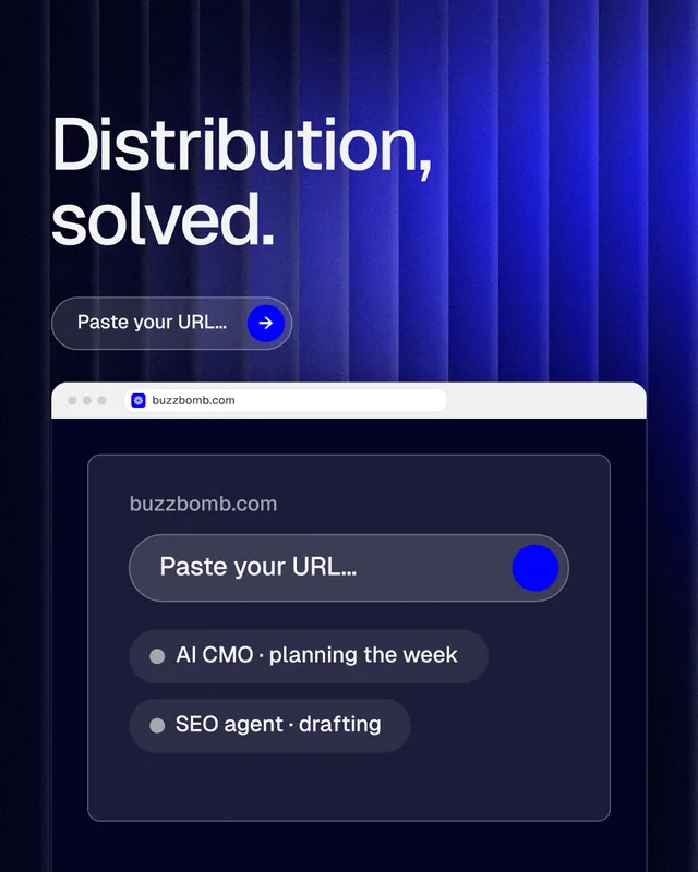 Instagram portrait post for BuzzBomb: "Distribution, solved." Agentic glass style, browser layout, dark palette in black, blue, grey.