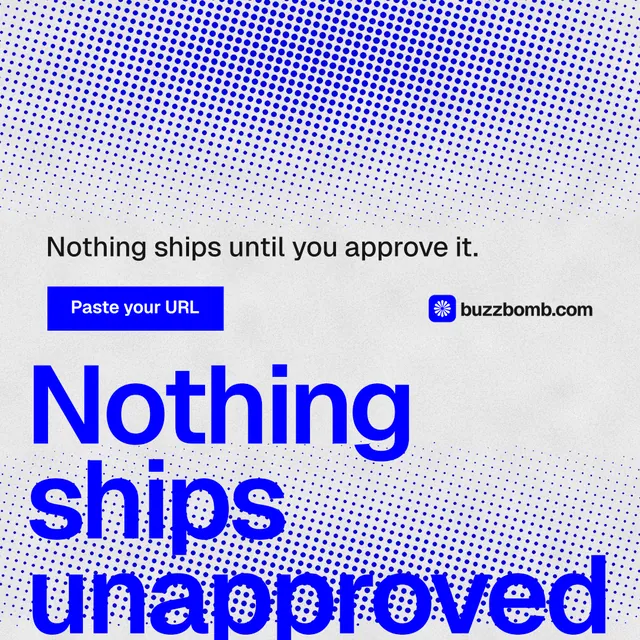 Instagram post for BuzzBomb: "Your AI marketing team." Swiss style, oversized layout, light palette in blue, white.
