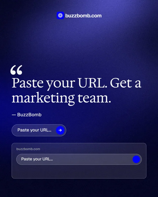 Instagram portrait post for BuzzBomb: "One launch. A week of posts." Agentic glass style, quote layout, dark palette in blue, black.