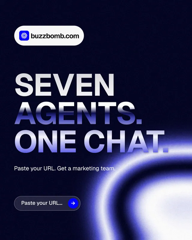 Instagram portrait post for BuzzBomb: "Seven agents. One chat." Agentic glass style, announce layout, dark palette in black, blue.