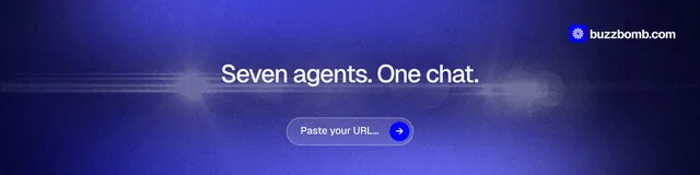 LinkedIn banner for BuzzBomb: "Seven agents. One chat." Agentic glass style, centred layout, dark palette in blue.