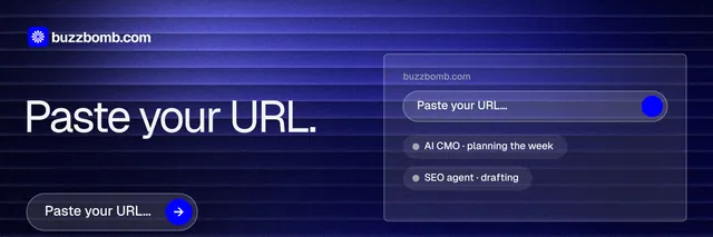 X header for BuzzBomb: "Paste your URL." Agentic glass style, bottom layout, dark palette in black, blue.