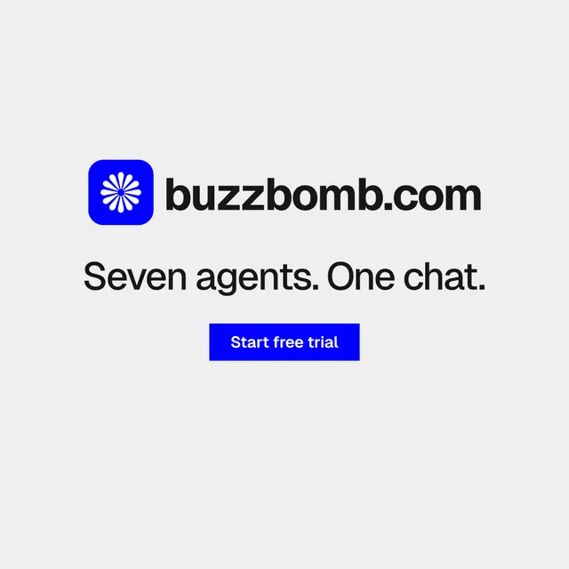 Instagram post for BuzzBomb: "Seven agents. One chat." Swiss style, logo hero layout, light palette in white, blue.