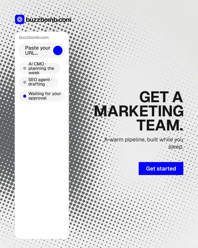 Instagram portrait post for BuzzBomb: "Get a marketing team." Swiss style, right layout, light palette in white, grey.