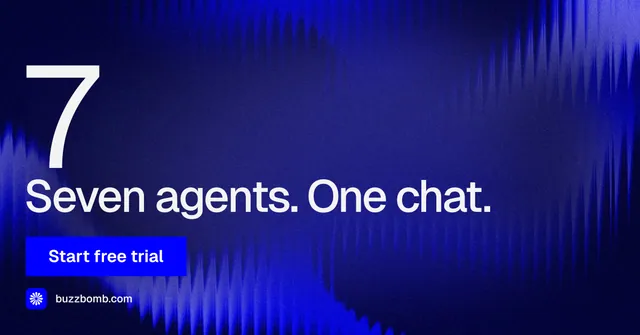 Social ad for BuzzBomb: "Seven agents. One chat." Swiss style, stat layout, dark palette in blue.