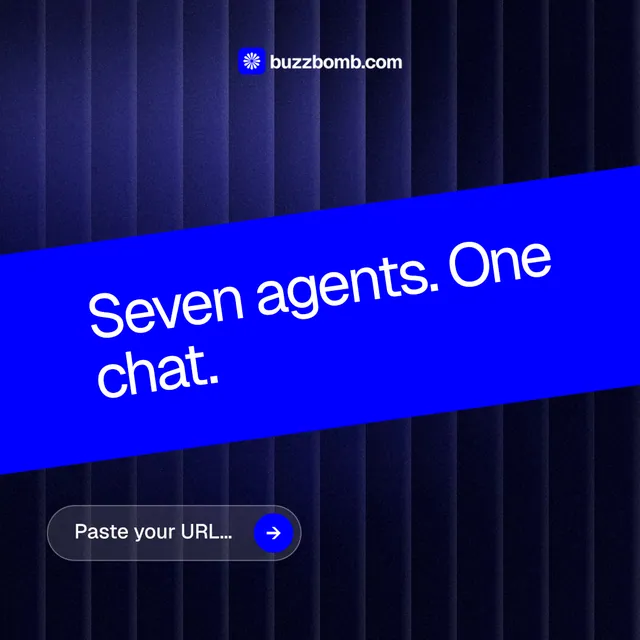 Instagram post for BuzzBomb: "Seven agents. One chat." Agentic glass style, diagonal layout, dark palette in black, blue.