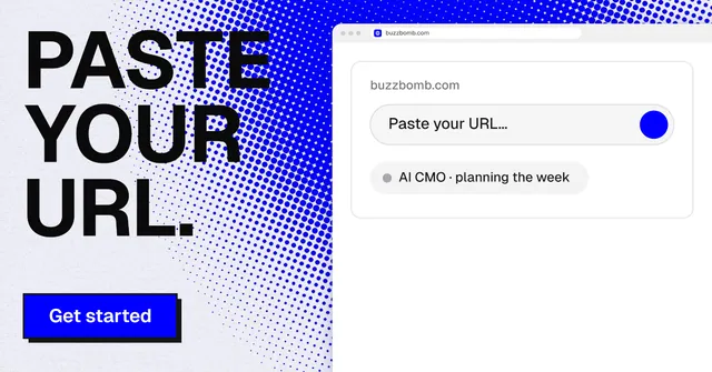 Social ad for BuzzBomb: "Paste your URL." Brutalist style, browser layout, light palette in white, blue.