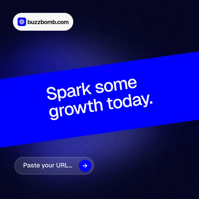 Instagram post for BuzzBomb: "Spark some growth today." Agentic glass style, diagonal layout, dark palette in black, blue.