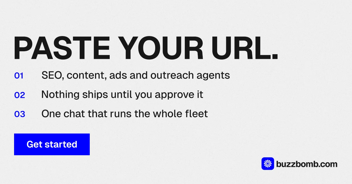 Social ad for BuzzBomb: "Paste your URL." Swiss style, numbered layout, light palette in white, grey.