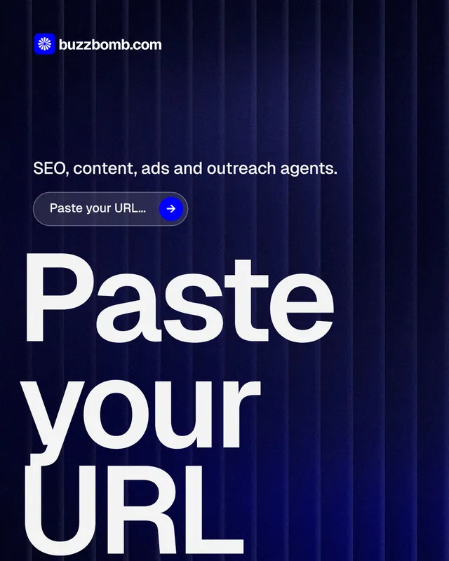 Instagram portrait post for BuzzBomb: "Paste your URL." Agentic glass style, oversized layout, dark palette in black, blue, white.