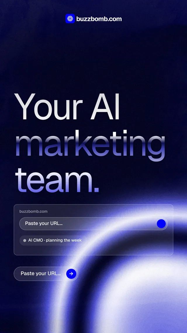 Instagram story for BuzzBomb: "Your AI marketing team." Agentic glass style, poster layout, dark palette in black, blue.