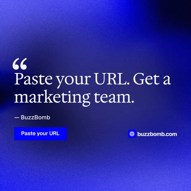 Instagram post for BuzzBomb: "Get a marketing team." Swiss style, quote layout, dark palette in blue.