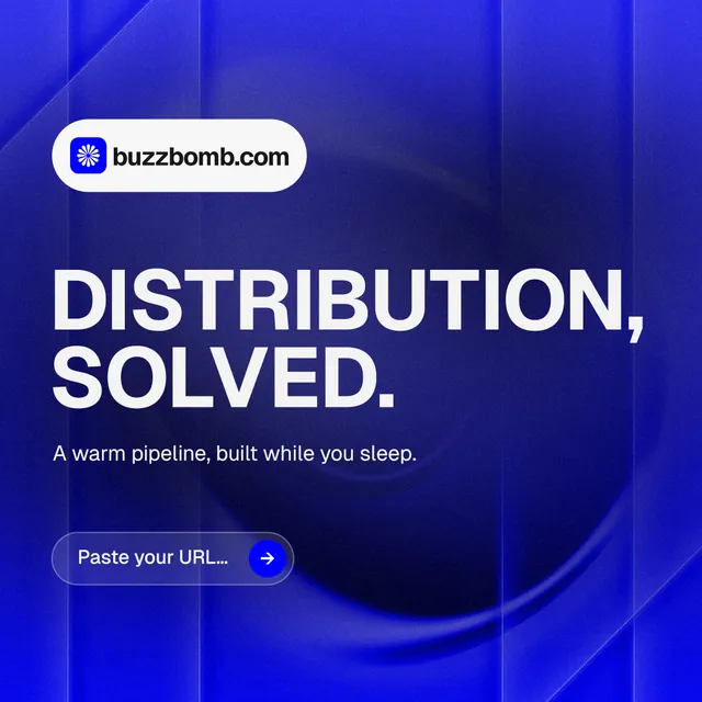 Instagram post for BuzzBomb: "Distribution, solved." Agentic glass style, announce layout, dark palette in blue.