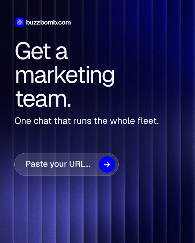 Instagram portrait post for BuzzBomb: "Get a marketing team." Agentic glass style, skeleton layout, dark palette in blue, black.