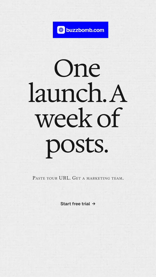 Instagram story for BuzzBomb: "One launch. A week of posts." Swiss style, smallcaps layout, light palette in white, grey.