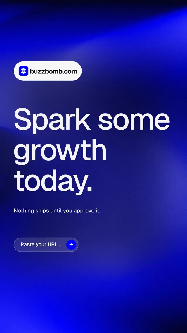 Instagram story for BuzzBomb: "Spark some growth today." Agentic glass style, announce layout, dark palette in blue.