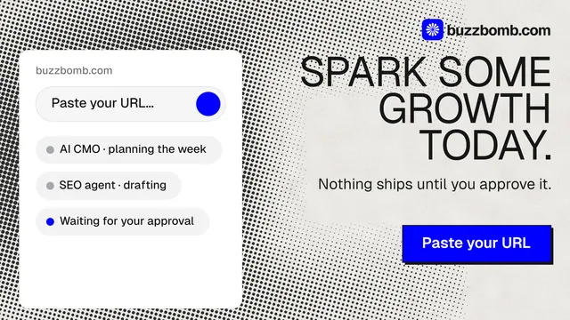 Landscape graphic for BuzzBomb: "Spark some growth today." Brutalist style, right layout, light palette in white, grey.
