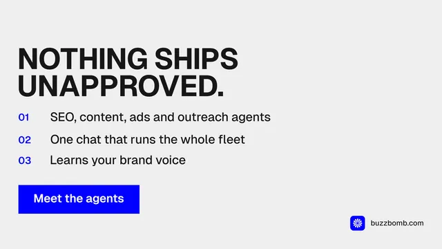 Landscape graphic for BuzzBomb: "Nothing ships unapproved." Swiss style, numbered layout, light palette in white, blue.