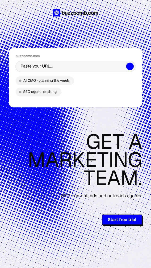 Instagram story for BuzzBomb: "Get a marketing team." Brutalist style, right layout, light palette in blue, white.