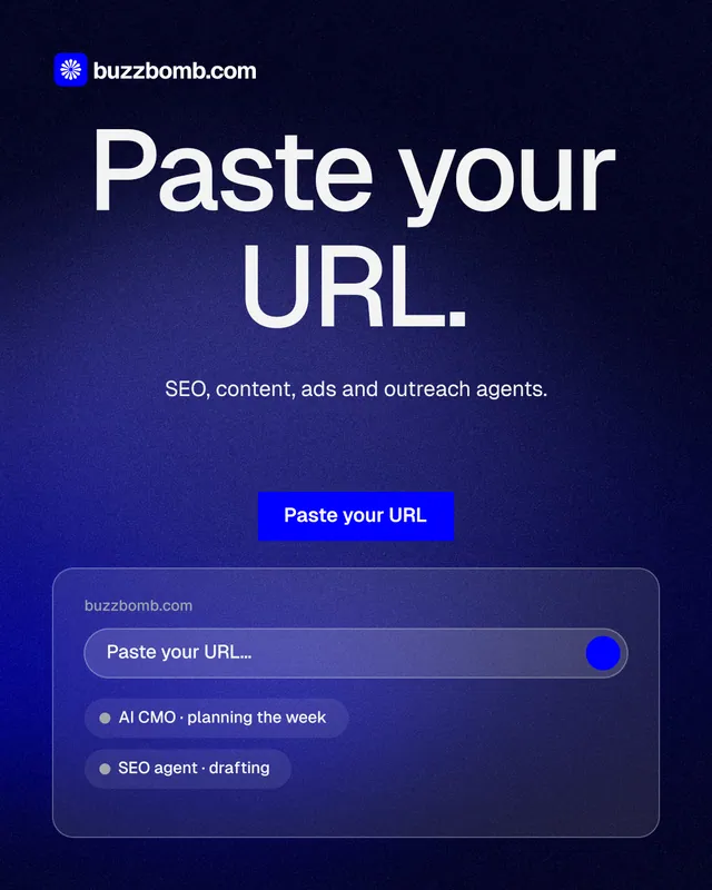 Instagram portrait post for BuzzBomb: "Paste your URL." Swiss style, centred layout, dark palette in black, blue.